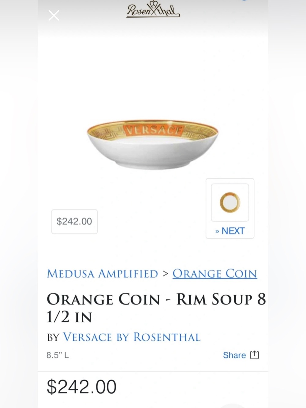 Versace White Soup Bowl with Orange and Gold Rim